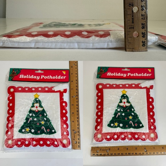Vtg Sealed NIP Holiday Potholder Christmas Tree Santa Face Gold Silver Accents - Picture 3 of 10